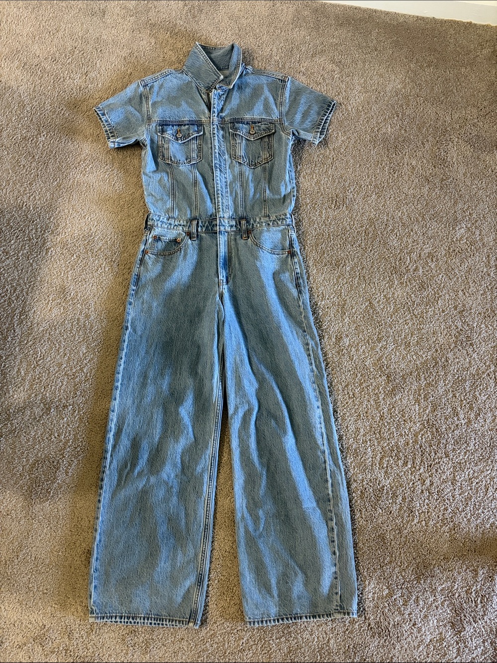 Abercrombie & Fitch Light Blue Denim Short-Sleeve Jumpsuit